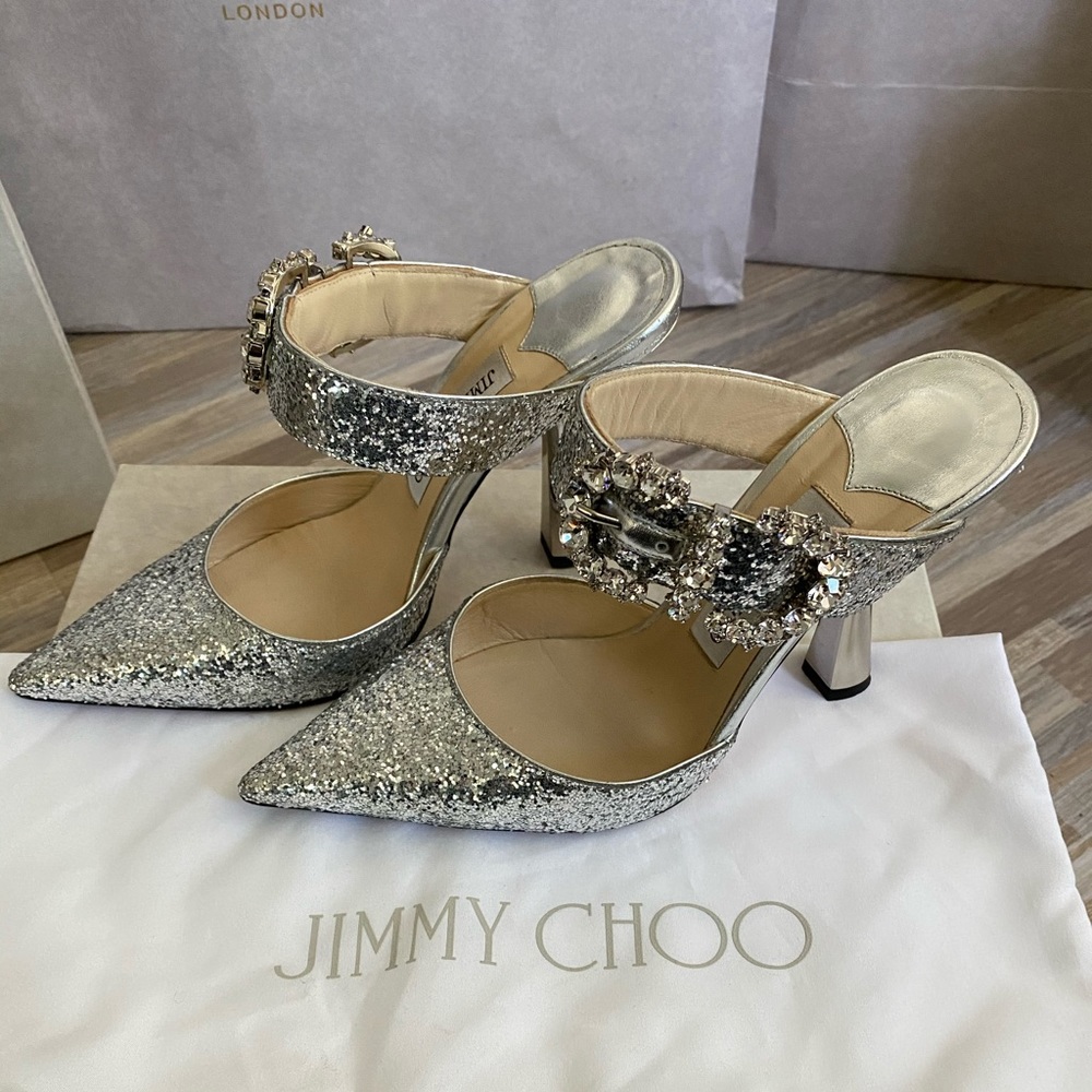 Jimmy Choo Smokey 100 Silver Glitter Mules